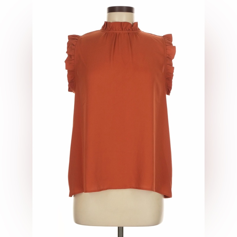 Ann Taylor Ruffle-Trim Mock Neck Sleeveless Top in Rust